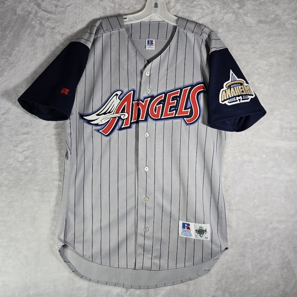 Anaheim Angels Russell Jersey Mens Size 44 Grey Striped Button Up Embroidered